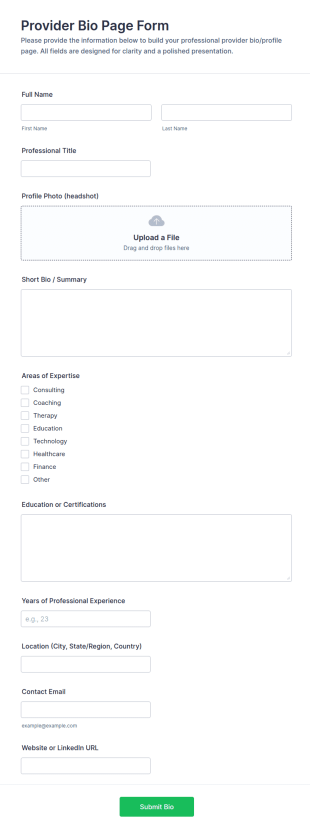 Provider Bio Page Form Template