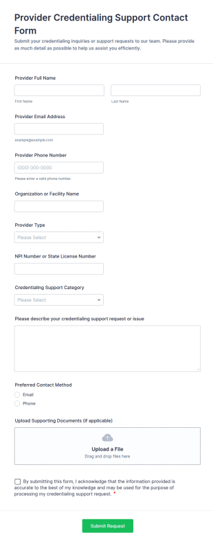 Provider Credentialing Support Contact Form Template