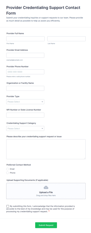 Provider Credentialing Support Contact Form Template