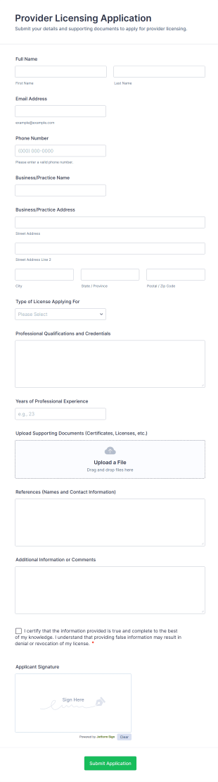 Provider Licensing Application Form Template