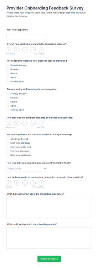 Provider Onboarding Feedback Survey Form Template