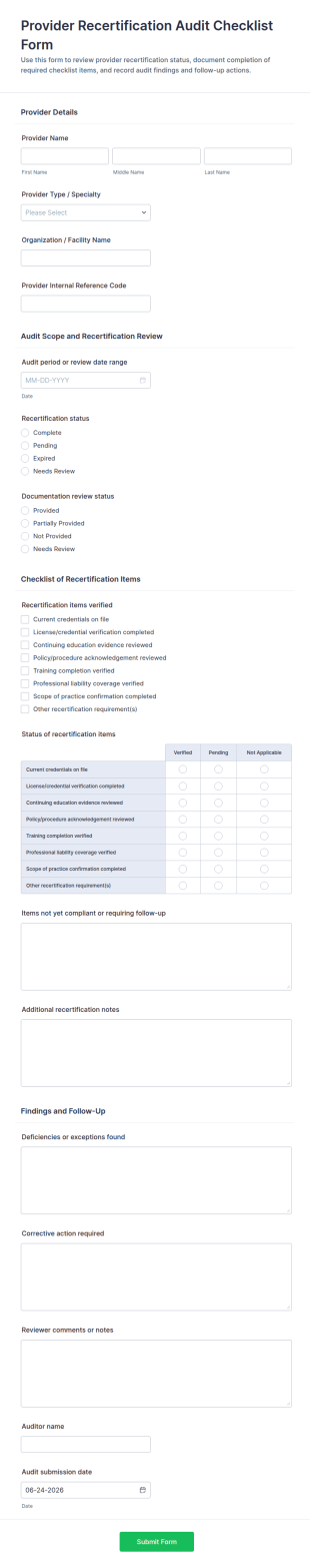 Provider Recertification Audit Checklist Form Template
