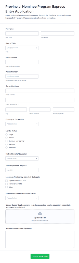 Provincial Nominee Program Express Entry Application Form Template