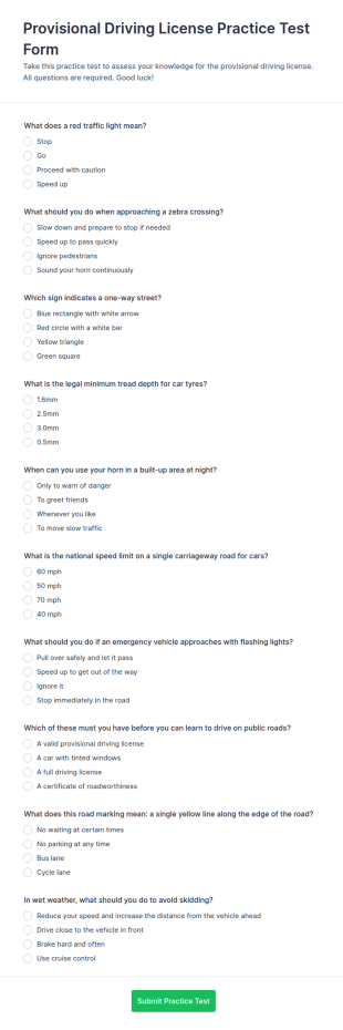 Provisional Driving License Practice Test Form Template