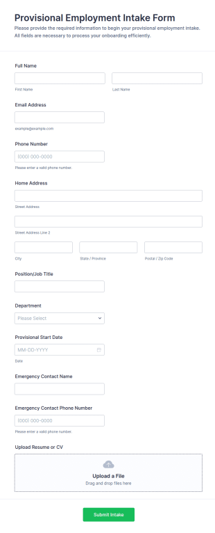 Provisional Employment Intake Form Template