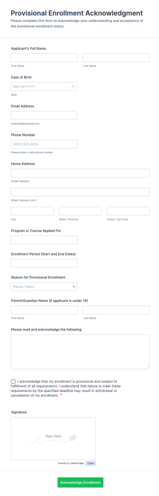 Provisional Enrollment Acknowledgment Form Template