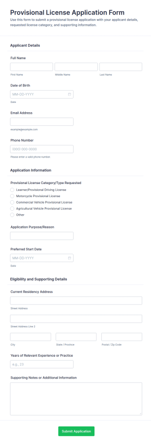 Provisional License Application Form Template