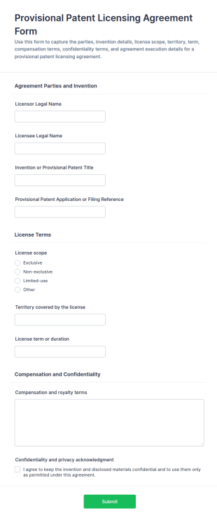 Provisional Patent Licensing Agreement Form Template