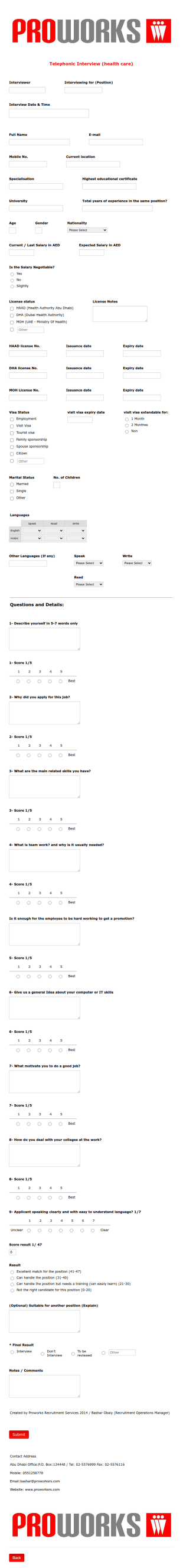 Proworks Recrutment Services Medical Staff Telephonic Interview Form Template