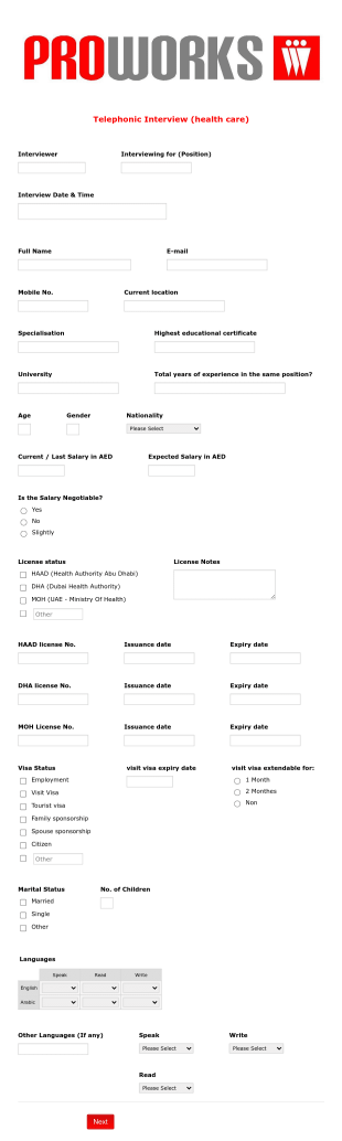 Proworks Recrutment Services Medical Staff Telephonic Interview Form Template