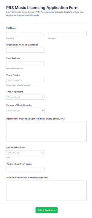 PRS Music Licensing Application Form Template