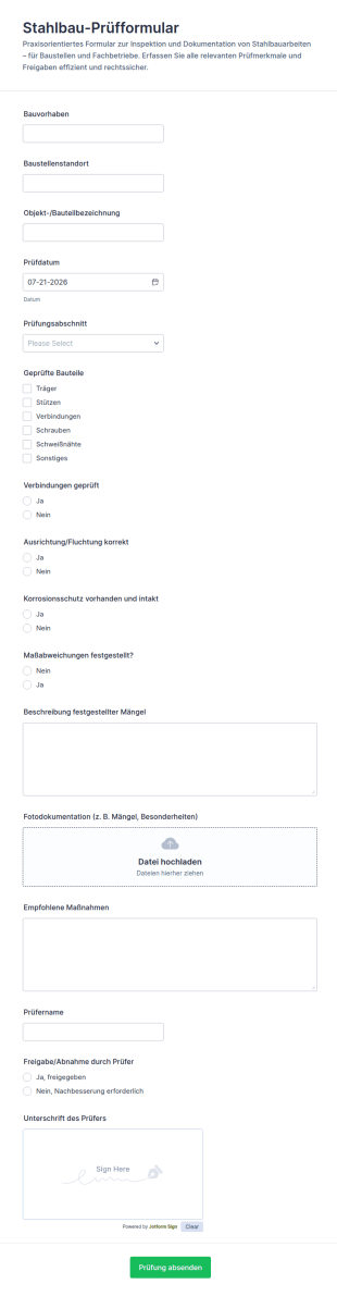Prüfprotokoll Für Stahlbauarbeiten