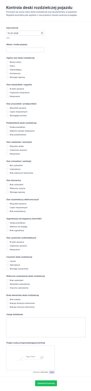 Przegląd Stanu Deski Rozdzielczej Pojazdu Checklist
