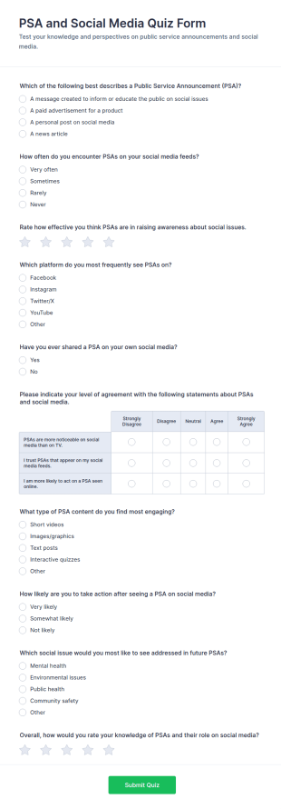 PSA And Social Media Quiz Form Template