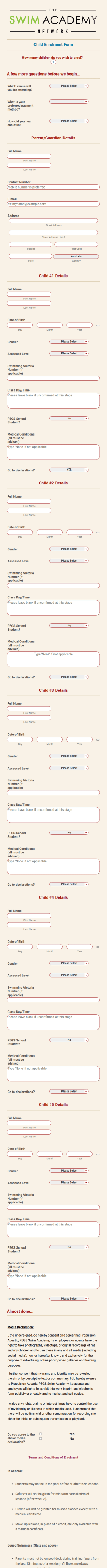 Swimming Class Enrollment Form Template