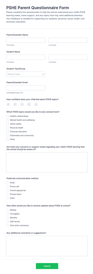 PSHE Parent Questionnaire Form Template