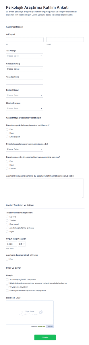 Psikolojik Araştırma Katılım Anketi Form Şablonu