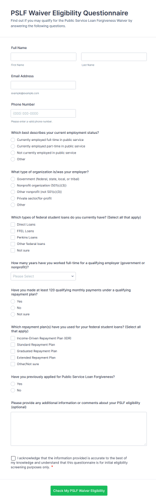 PSLF Waiver Eligibility Questionnaire Form Template
