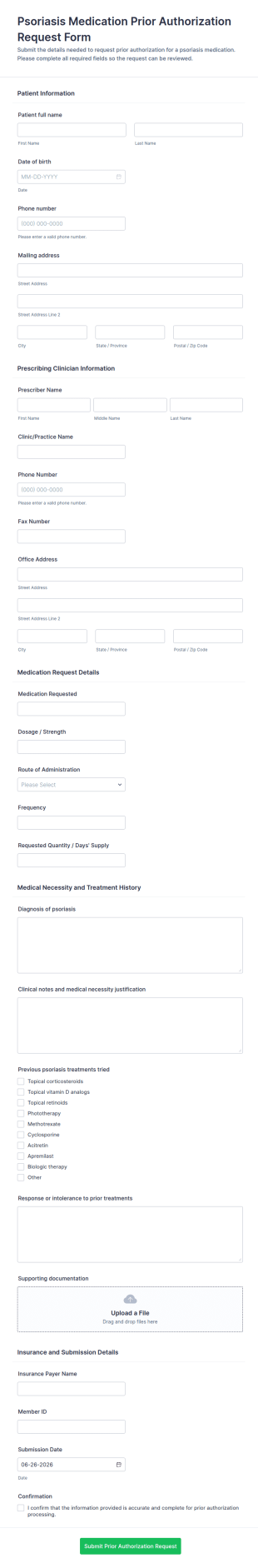 Psoriasis Medication Prior Authorization Request Form Template