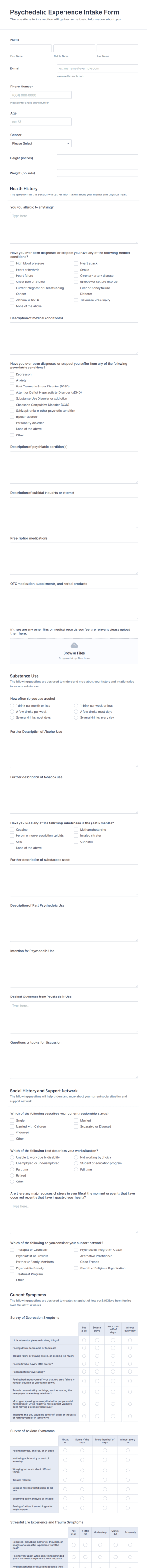 Psychedelic Experience Intake Form Template