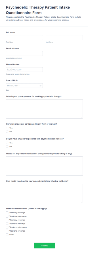 Psychedelic Therapy Patient Intake Questionnaire Form Template
