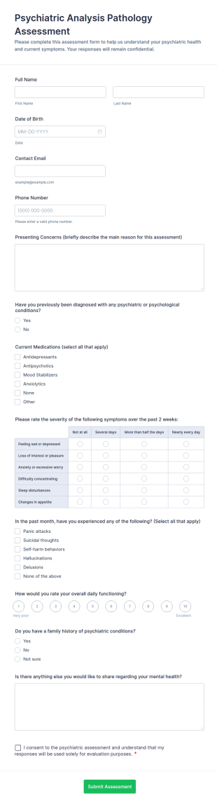 Psychiatric Analysis Pathology Assessment Form Template