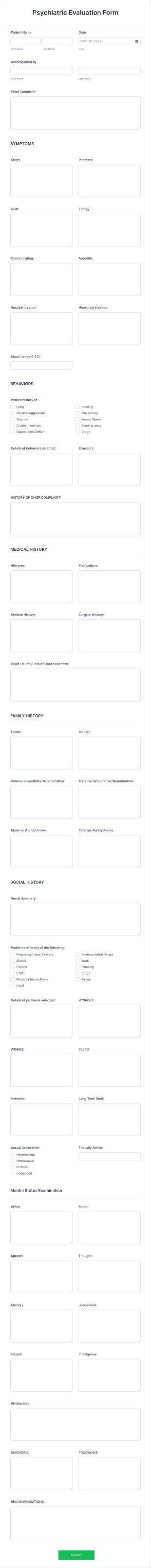 Psychiatric Evaluation Form Template