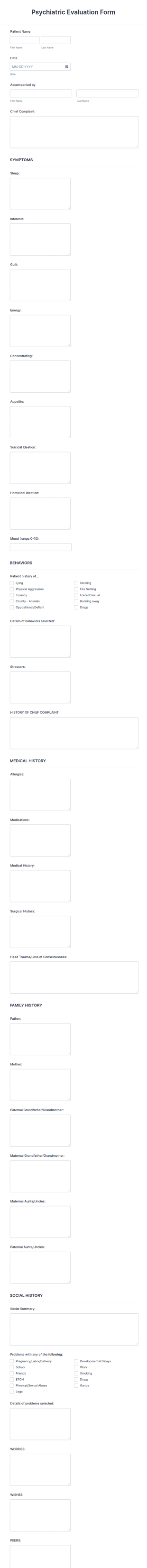 Psychiatric Evaluation Form Template