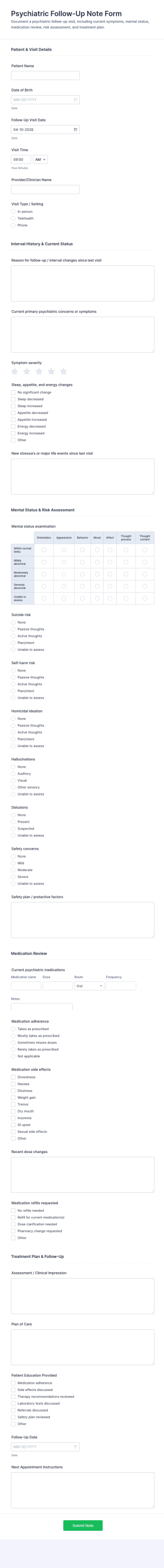 Psychiatric Follow Up Note Form Template