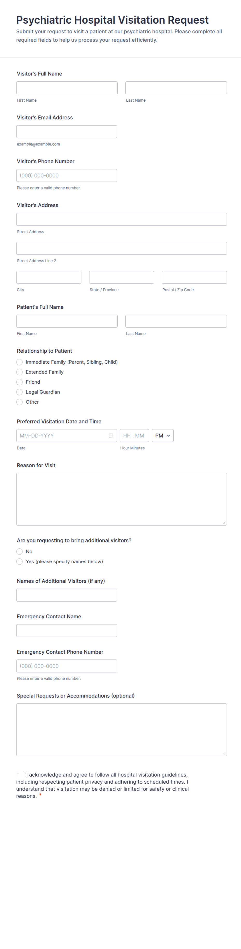 Psychiatric Hospital Visitation Request Form Template | Jotform
