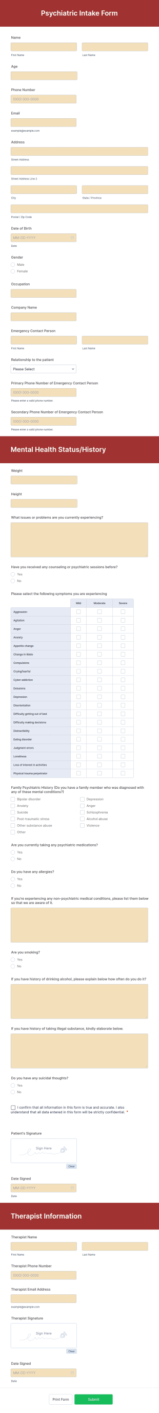 Psychiatric Intake Form Template
