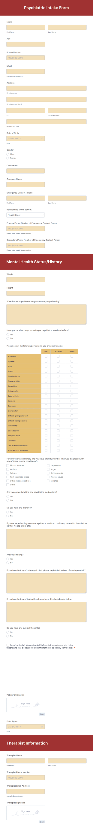 Psychiatric Intake Form Template