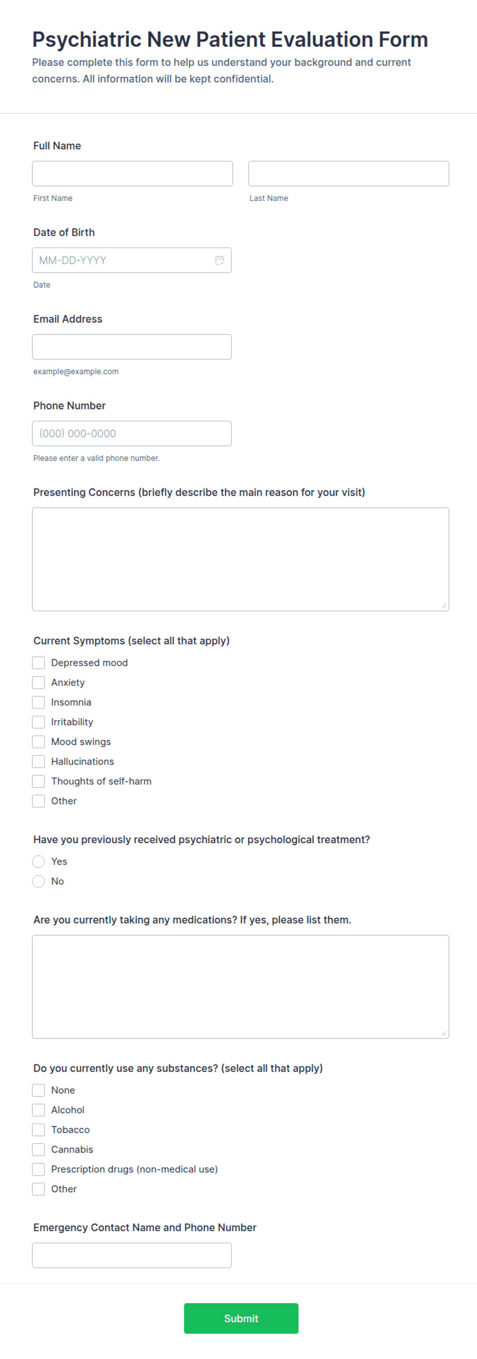 Psychiatric New Patient Evaluation Form Template | Jotform