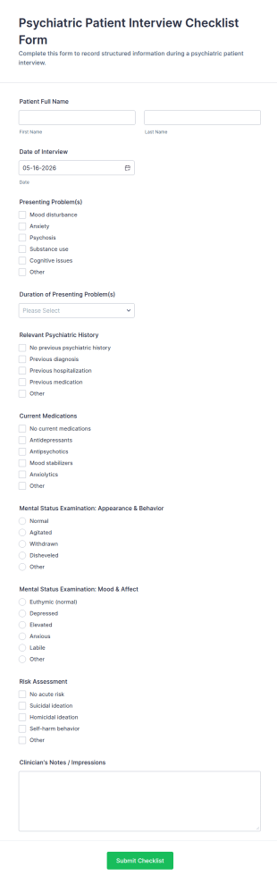 Psychiatric Patient Interview Checklist Form Template