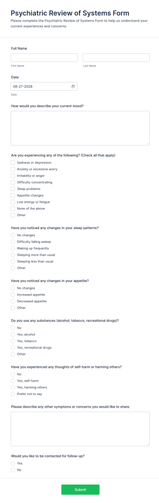 Psychiatric Review Of Systems Form Template