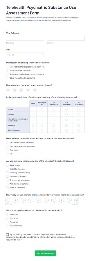 Psychiatric Substance Use Assessment Form Template