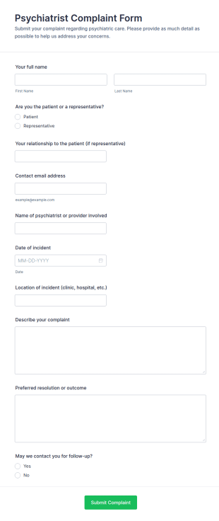 Psychiatrist Complaint Form Template