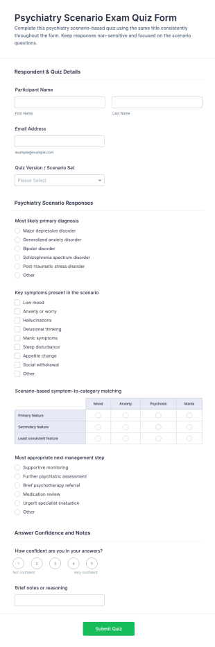 Psychiatry Scenario Exam Quiz Form Template