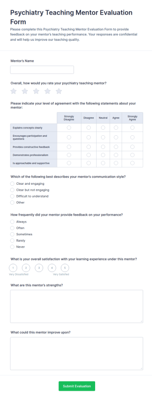Psychiatry Teaching Mentor Evaluation Form Template