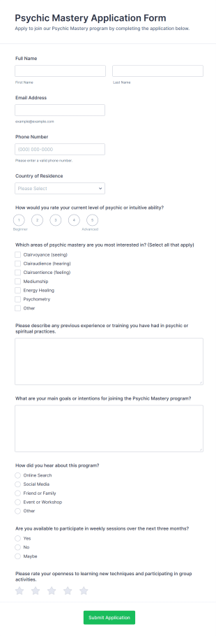 Psychic Mastery Application Form Template