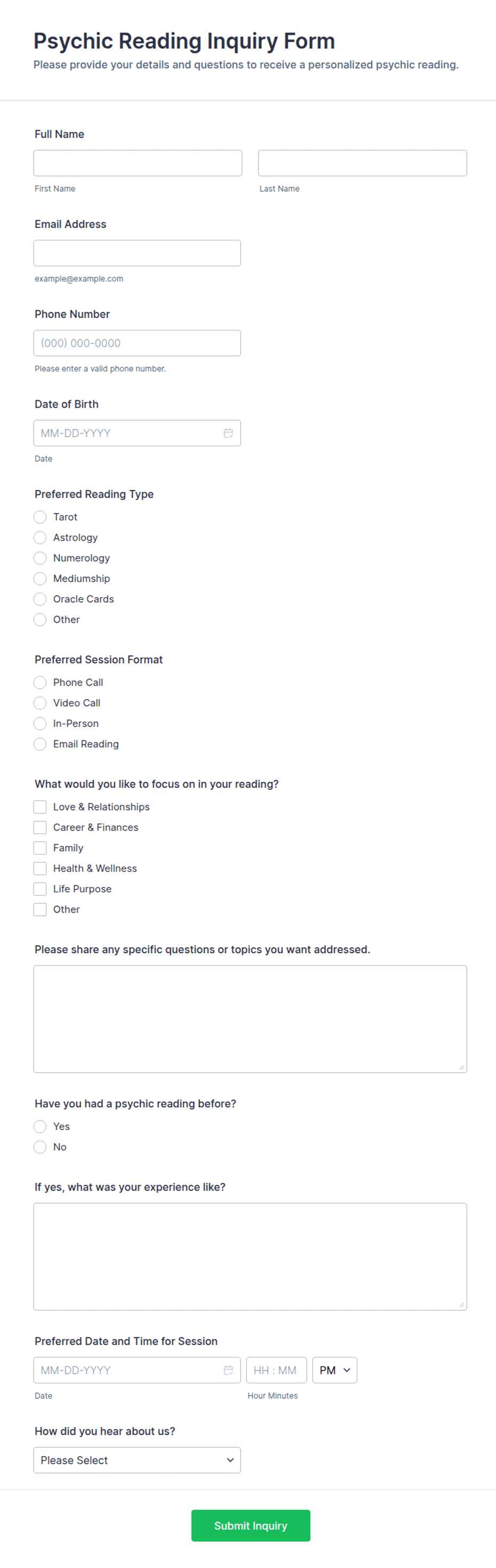 Psychic Reading Inquiry Form Template | Jotform