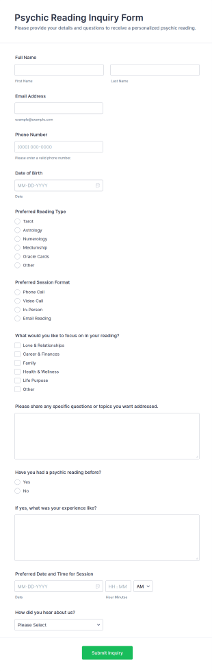 Psychic Reading Inquiry Form Template