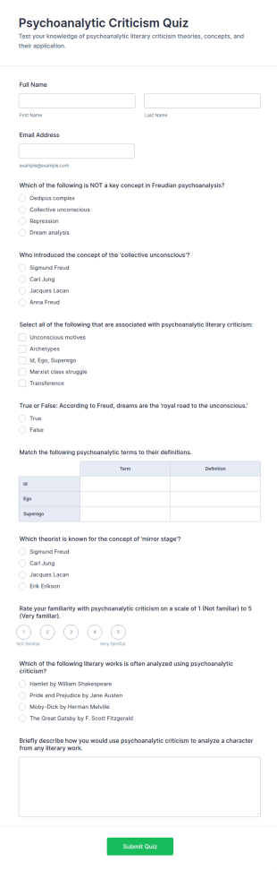Psychoanalytic Criticism Quiz Form Template