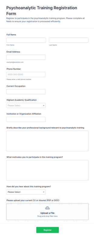 Psychoanalytic Training Registration Form Template