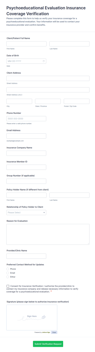 Psychoeducational Evaluation Insurance Coverage Verification Form Template