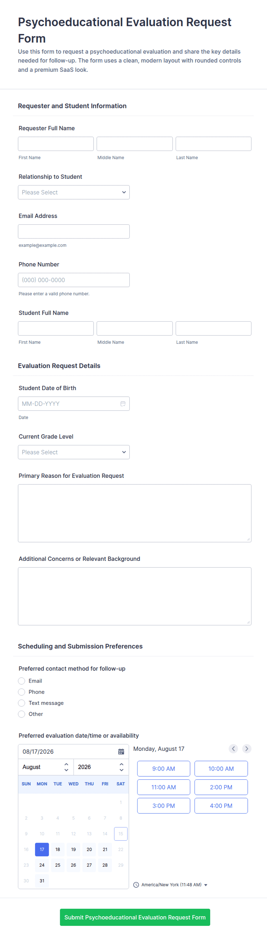 Psychoeducational Evaluation Request Form Template | Jotform
