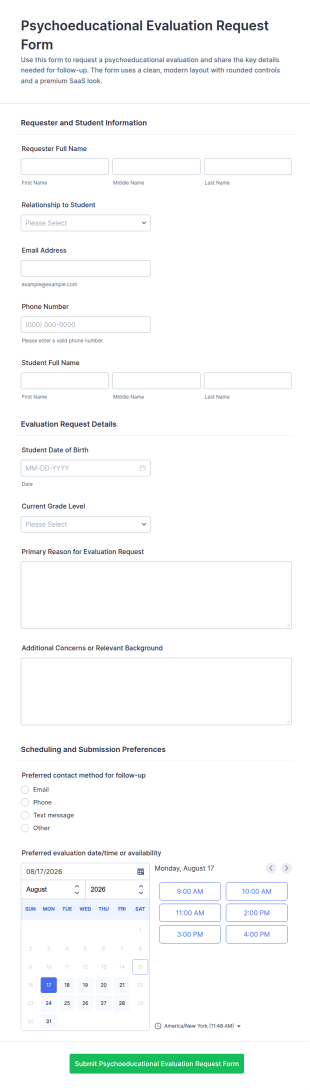 Psychoeducational Evaluation Request Form Template