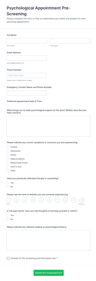 Psychological Appointment Pre Screening Form Template