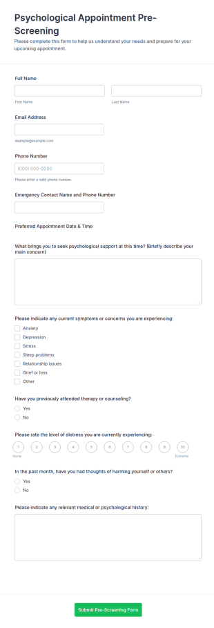 Psychological Appointment Pre Screening Form Template