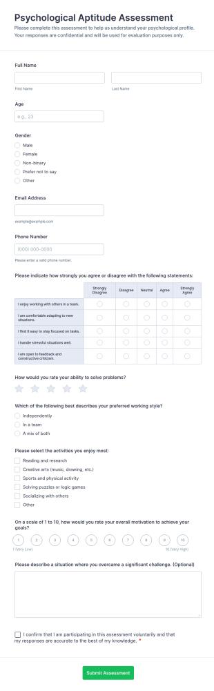 Psychological Aptitude Assessment Form Template